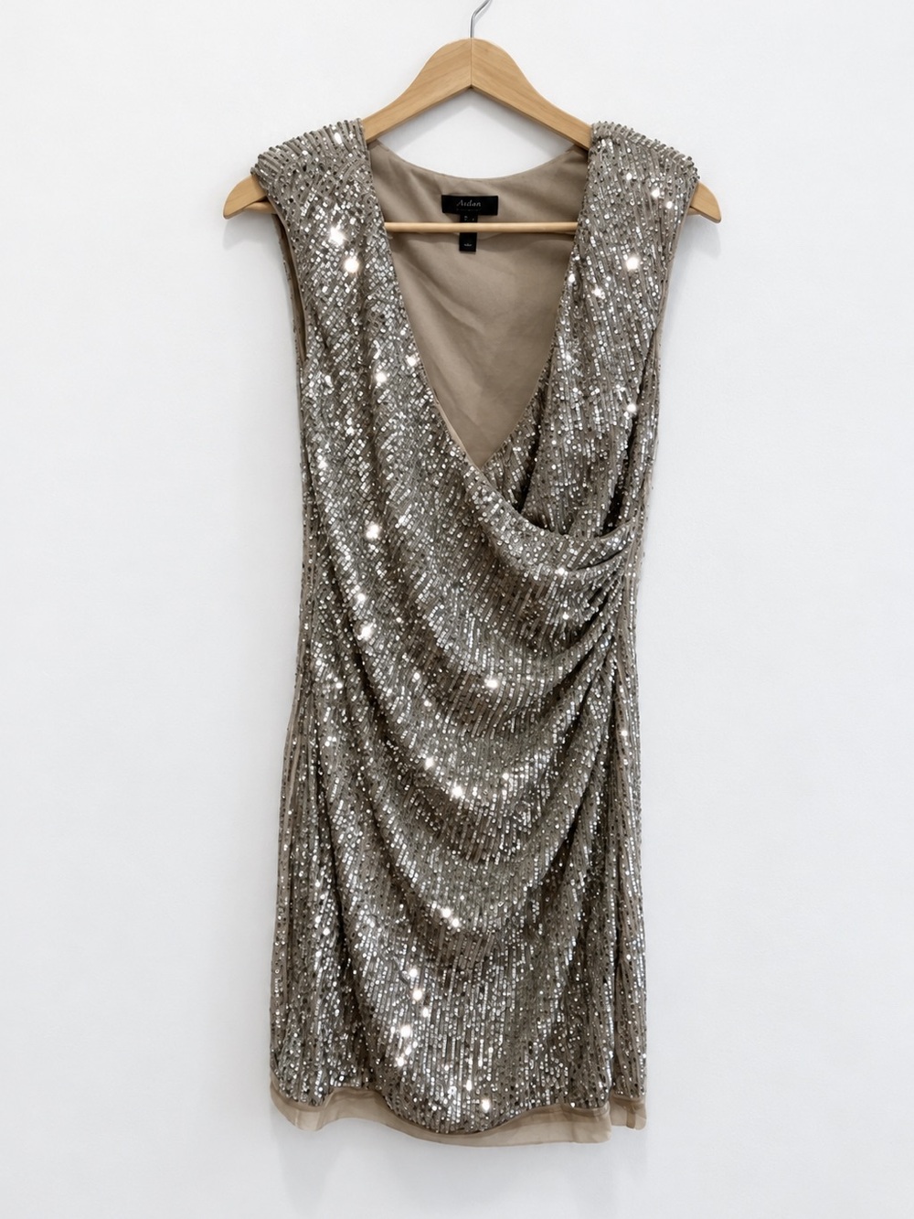 Aidan Mattox Metallic Sequin Draped V-Neck Mini Dress - Silver Gold
